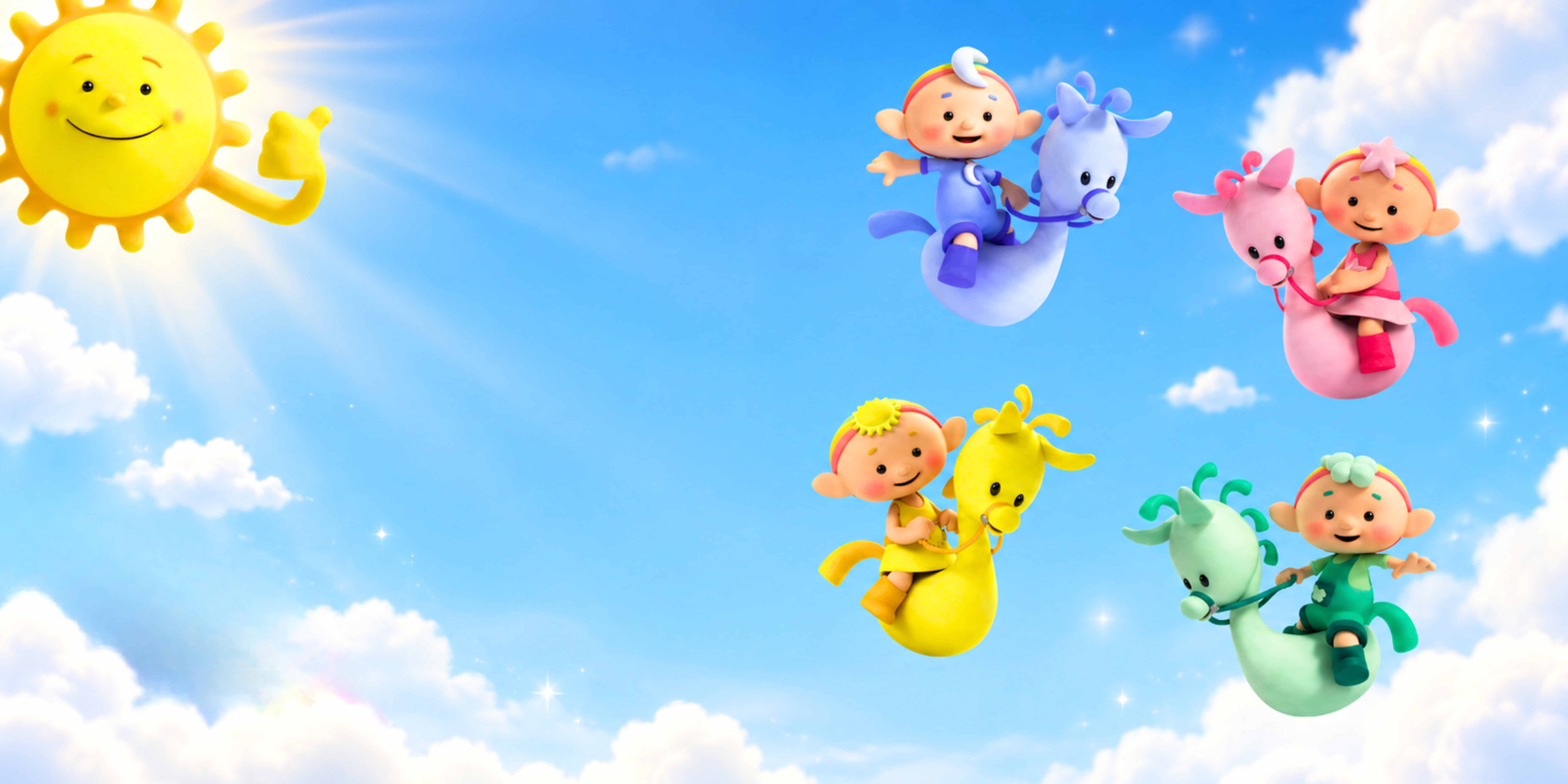 Cloudbabies riding through a bright daytime sky with Sun