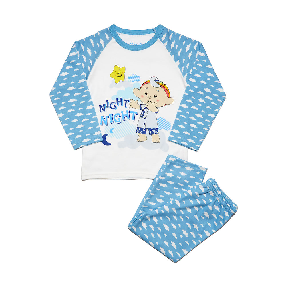 Close view of the Baba Blue Night Night pyjama top and cloud-print trousers