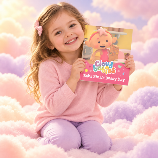 Child holding Baba Pink's Bossy Day paperback story book among pastel clouds