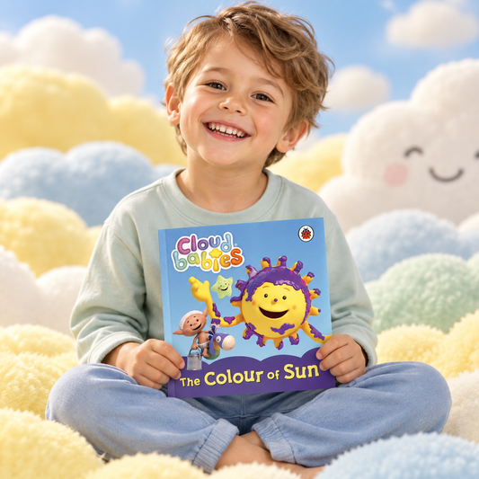Child holding The Colour of Sun story book among pastel clouds