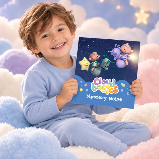 Child holding Mystery Noise paperback story book among pastel clouds