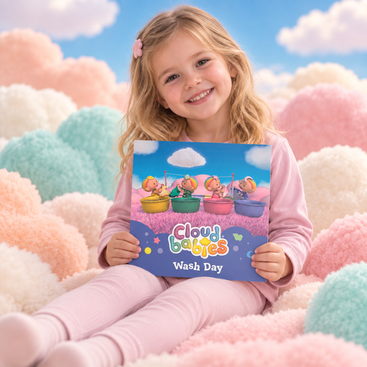 Child holding Wash Day paperback story book among pastel clouds