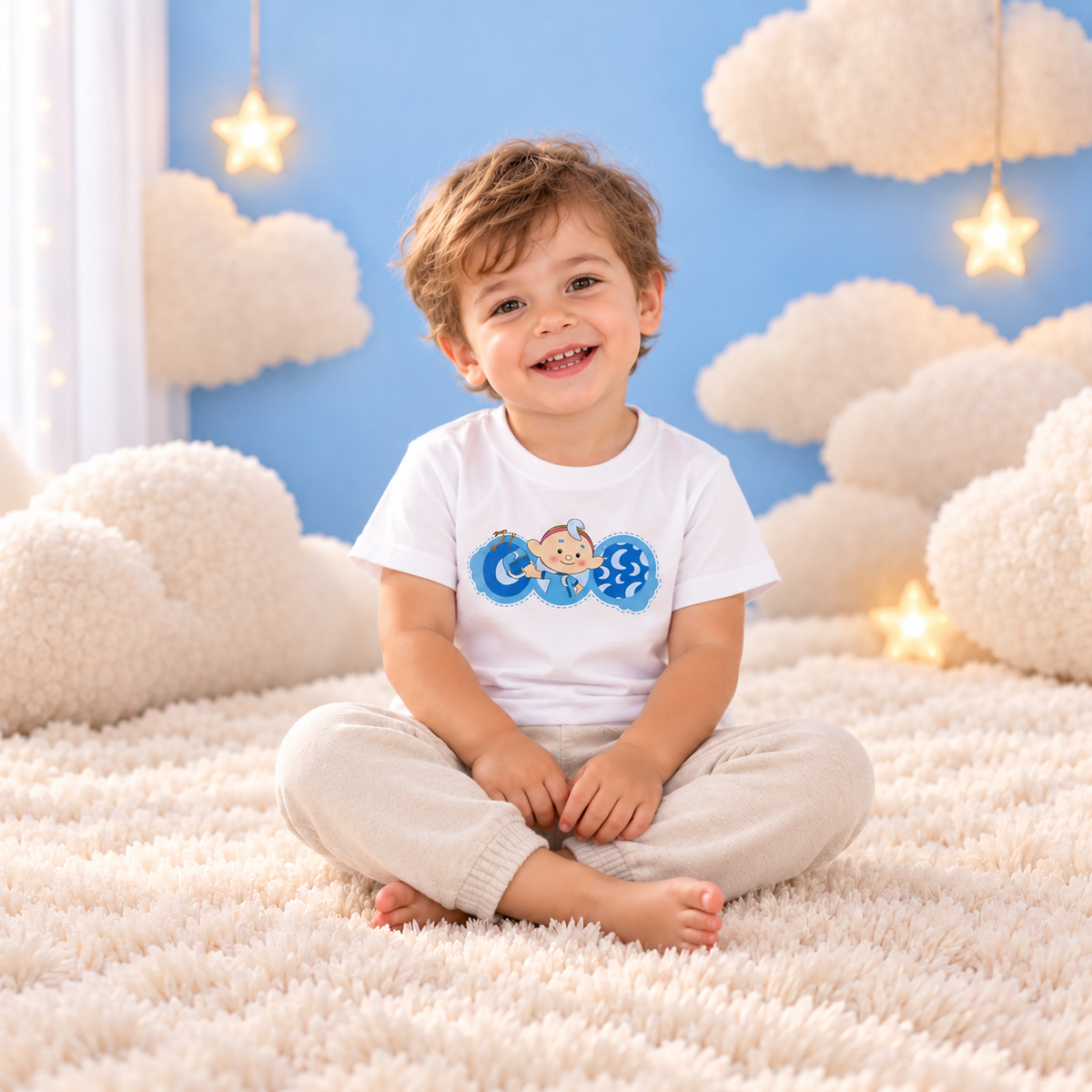 Toddler wearing the Baba Blue Illustrated T-Shirt, seated among soft pastel clouds.