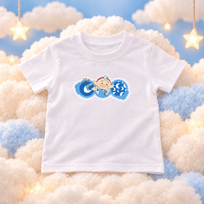 Baba Blue Illustrated T-Shirt laid flat on soft pastel blue and cream clouds, showing the front print.