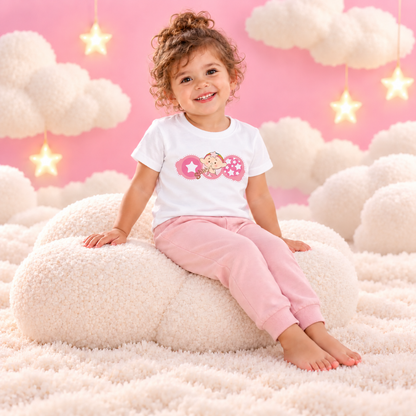 Toddler wearing the Baba Pink Illustrated Baby T-Shirt, seated among soft pastel pink clouds.