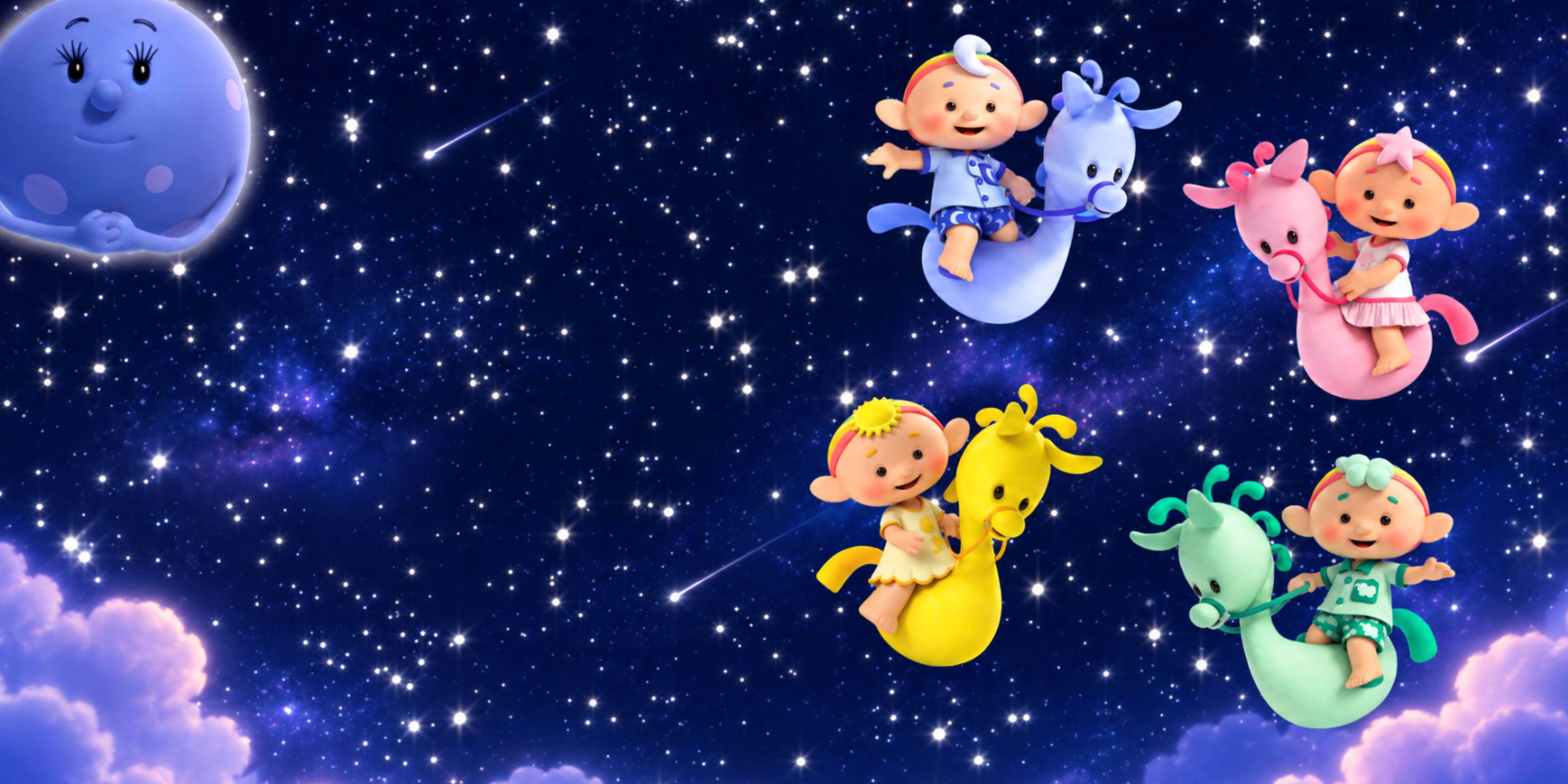 Cloudbabies riding across a sparkling night sky with Moon