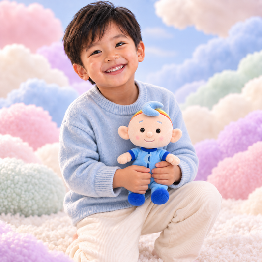 Child holding the accurately sized Baba Blue cuddle plush among soft pastel clouds