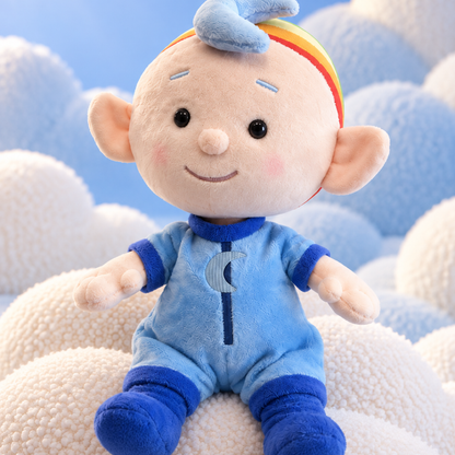Baba Blue cuddle plush lifestyle angle on soft clouds