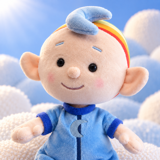Baba Blue cuddle plush lifestyle view on soft clouds