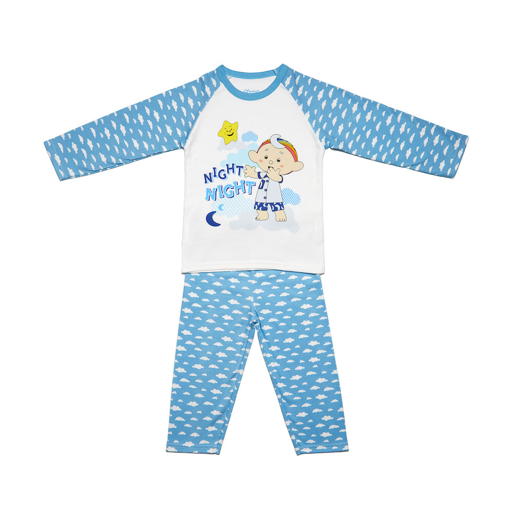 Baba Blue long-sleeve pyjama top and matching cloud-print trousers – front view