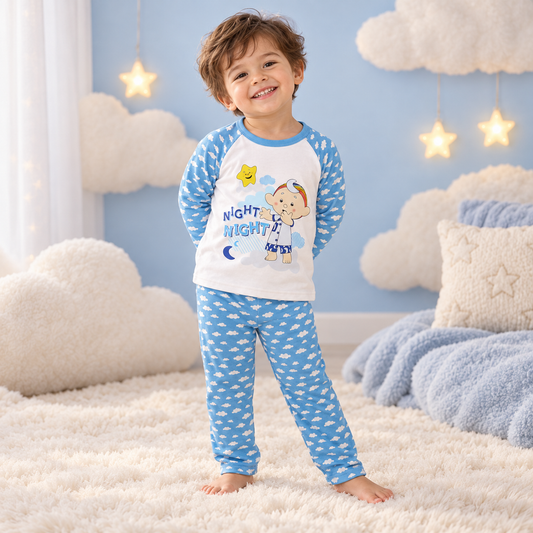 Child wearing the Cloudbabies Baba Blue long-sleeve pyjama set