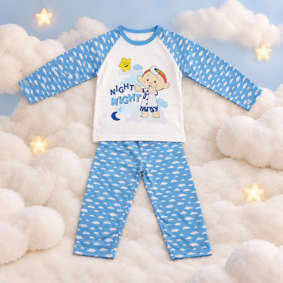Baba Blue long-sleeve pyjama set displayed on soft clouds