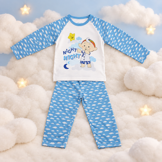 Baba Blue long-sleeve pyjama set displayed on soft clouds