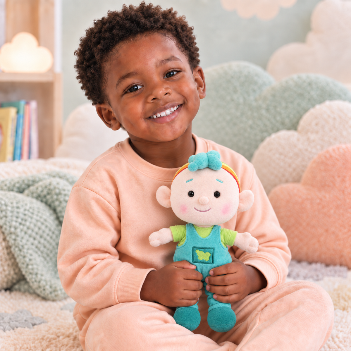 Child holding the accurately sized Baba Green cuddle plush in a pastel Cloudbabies setting