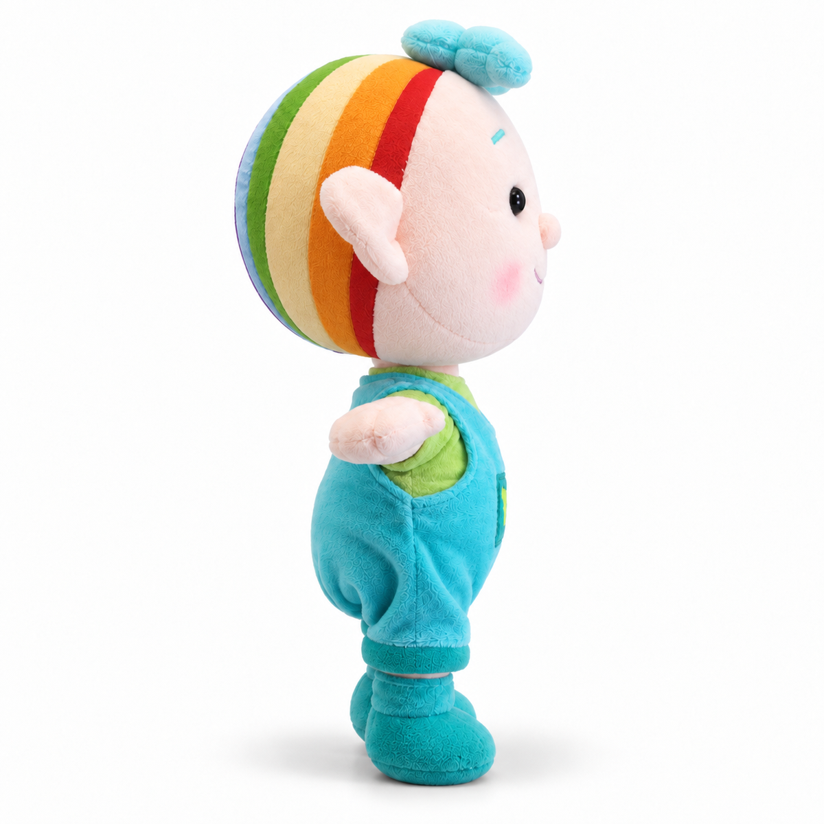 Side studio view of the Baba Green cuddle plush with natural chin stitching