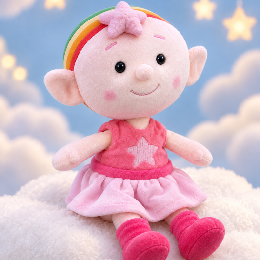 Baba Pink cuddle plush with star positioned naturally forward on soft clouds