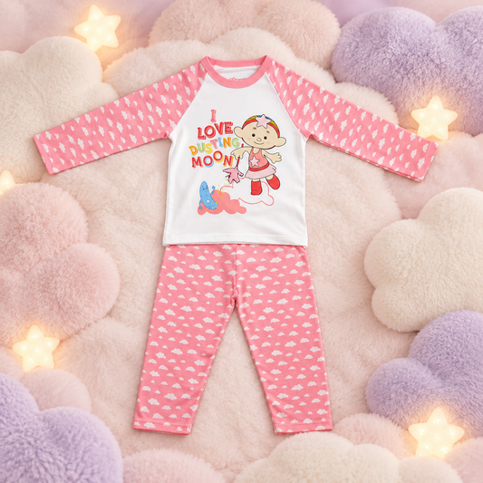 Baba Pink raglan-sleeve pyjama set on soft pastel clouds