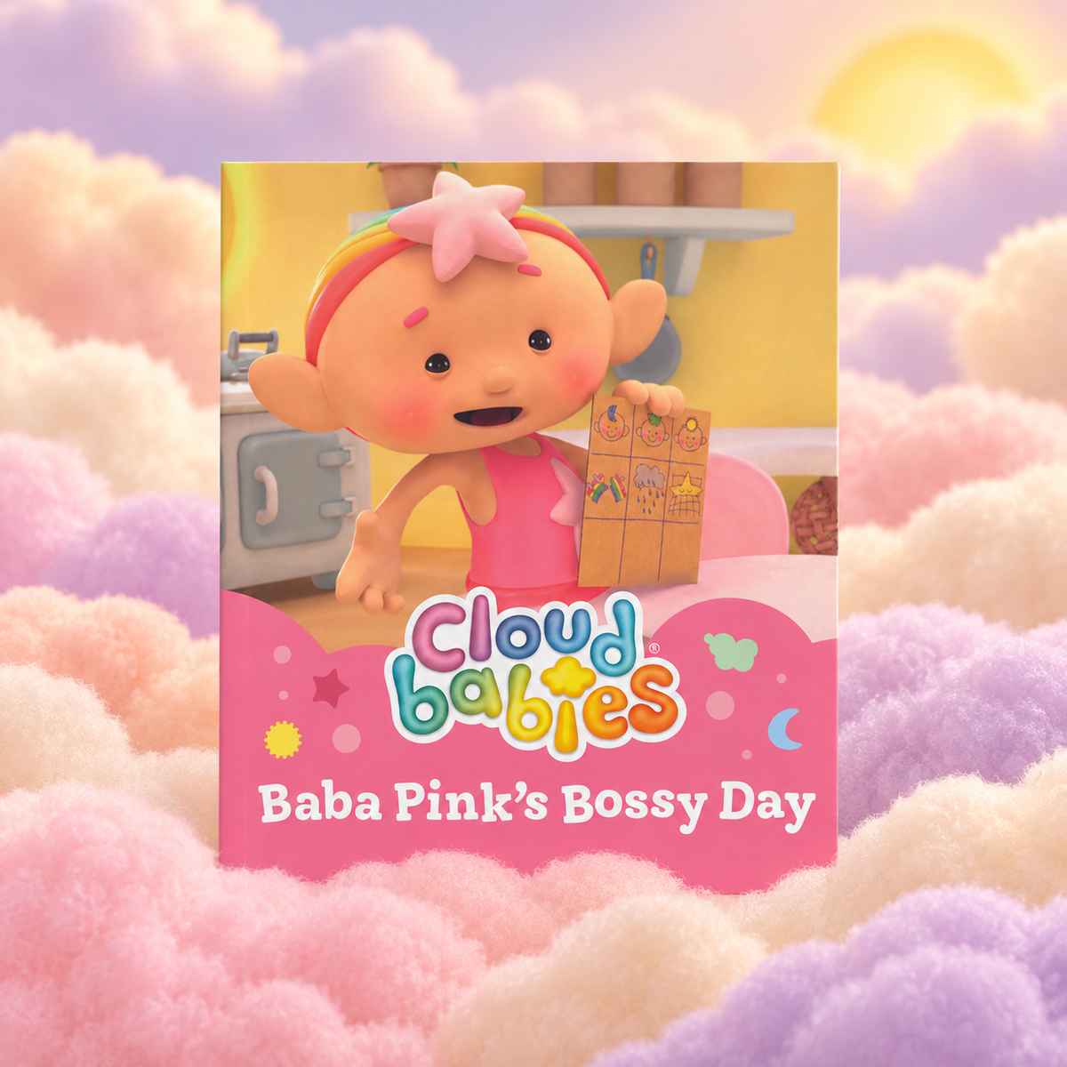 Baba Pink's Bossy Day paperback story book on pastel fluffy clouds