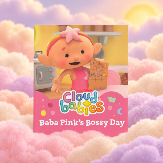 Baba Pink's Bossy Day paperback story book on pastel fluffy clouds