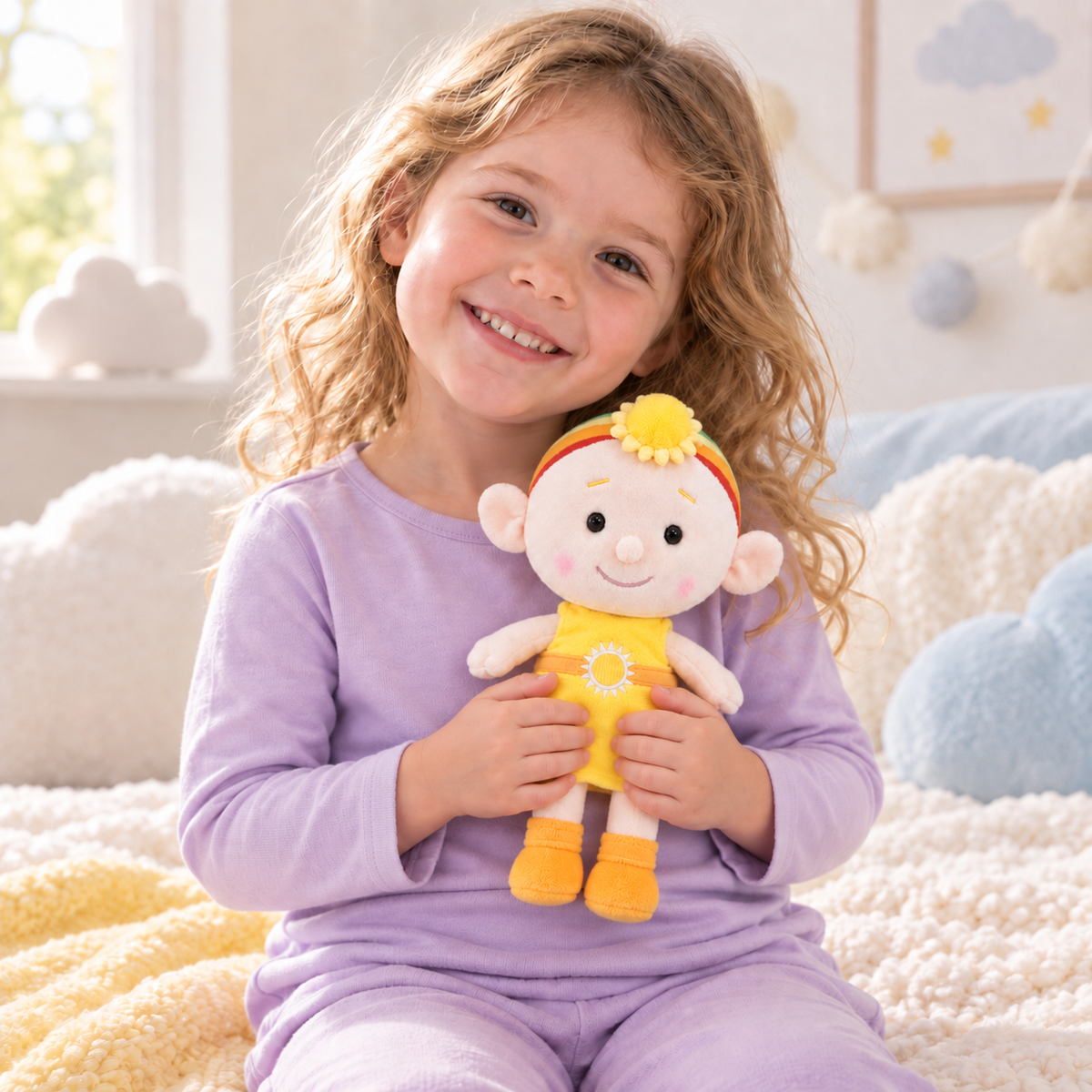 Child holding the accurately sized Baba Yellow cuddle plush