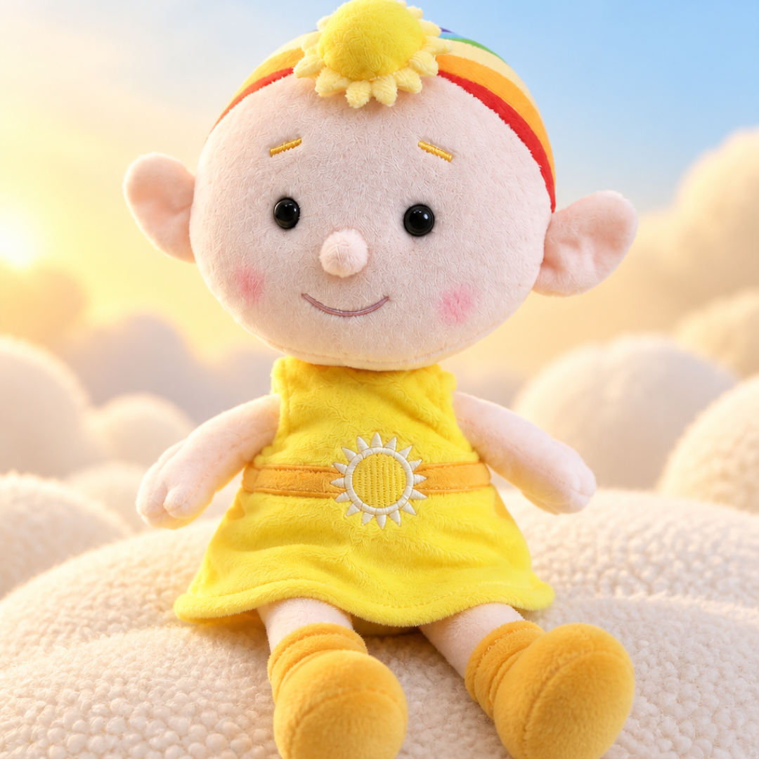Baba Yellow cuddle plush lifestyle angle on soft clouds
