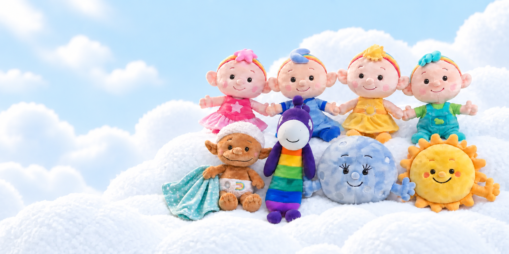 All eight Cloudbabies plush friends nestled together on soft white clouds