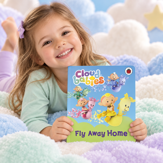 Child holding Fly Away Home story book among pastel clouds
