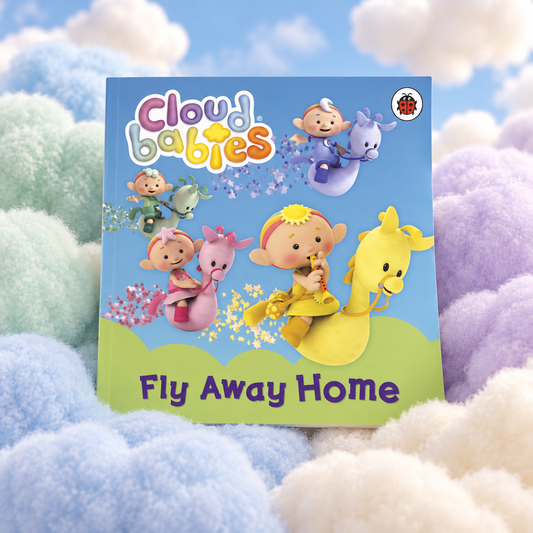 Fly Away Home story book on pastel fluffy clouds
