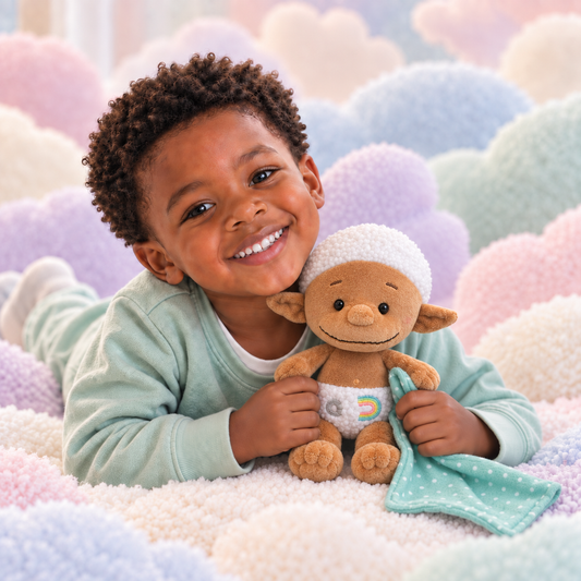 Child holding the accurately sized My 1st Bobo White plush toy and comforter