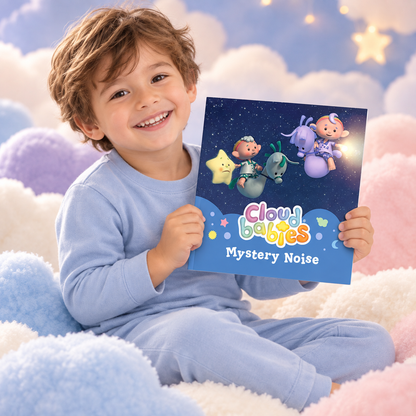 Child holding Mystery Noise paperback story book among pastel clouds