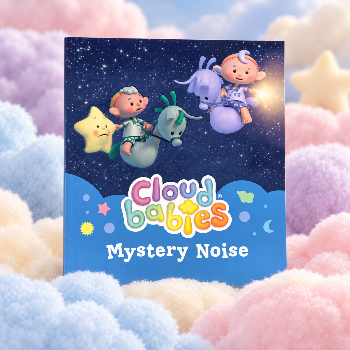 Mystery Noise paperback story book on pastel fluffy clouds