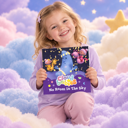 Child holding No Room In The Sky paperback story book among pastel clouds
