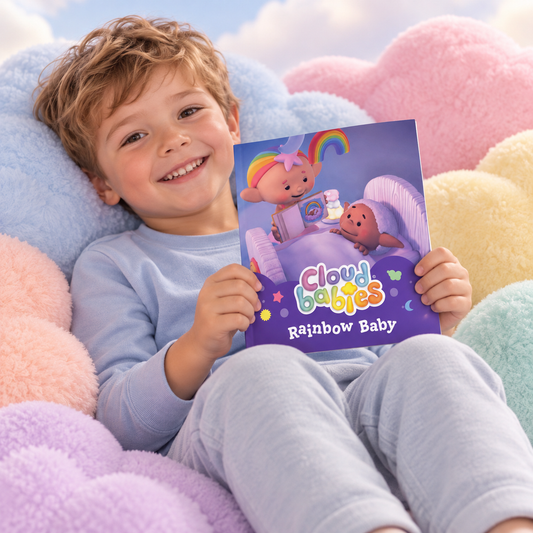 Child holding Rainbow Baby paperback story book among pastel clouds