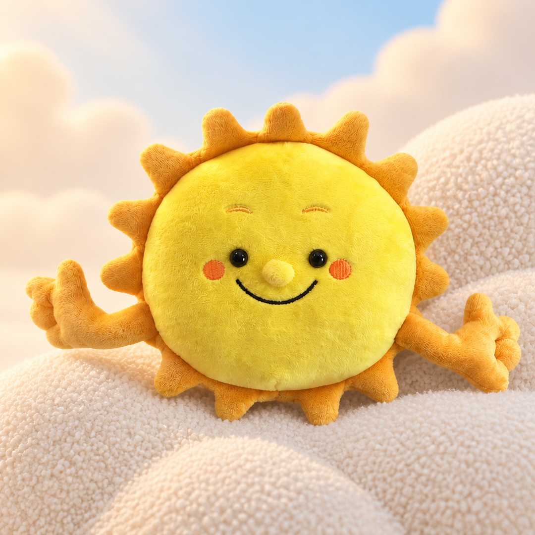 Front lifestyle view of the Sun cuddle plush on soft clouds