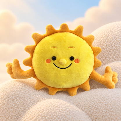 Front lifestyle view of the Sun cuddle plush on soft clouds