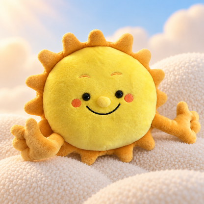 Sun cuddle plush resting on cream clouds against a blue sky