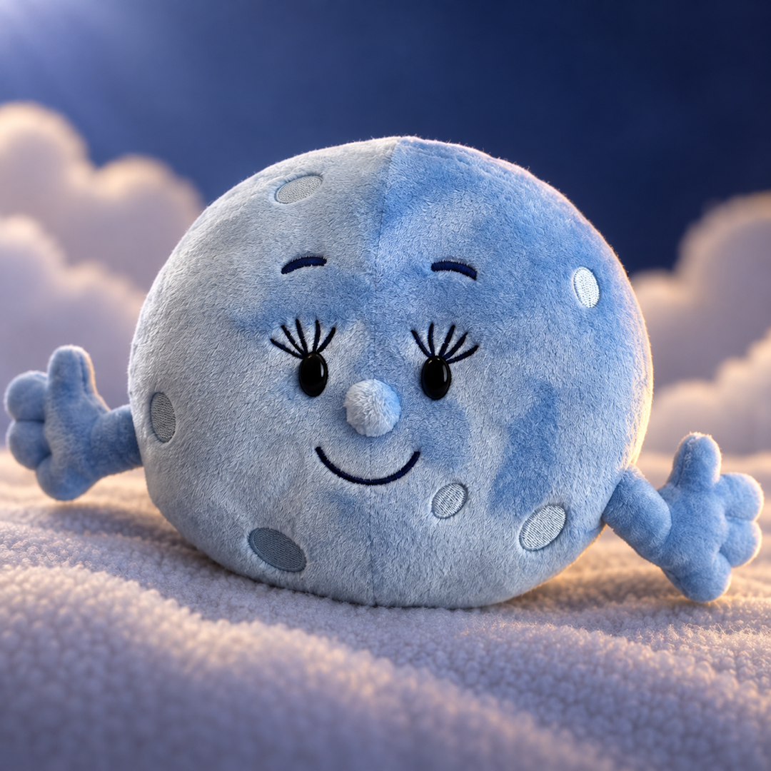 Sky Friends Moon cuddle plush lifestyle angle on soft clouds