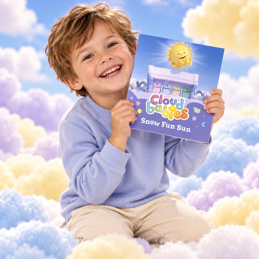Child holding Snow Fun Sun paperback story book among pastel clouds